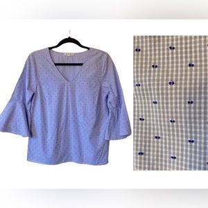 Anthropologie Top Size Small Blue White Plaid Bell 3/4 Sleeves V-Neck Cotton